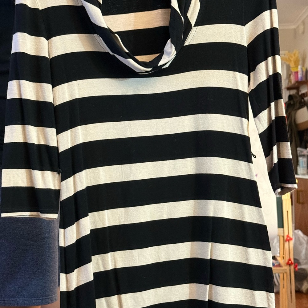 White House Black Market Black and Cream Striped Cowl Neck Sweater